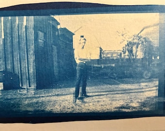 Man & Barn - Cyanotype from Vintage Film Negatives