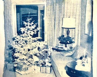 Christmas Tree Scene - Cyanotype Made From Vintage Photograph