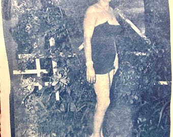 Lady in Bathing Suit - Cyanotype from Vintage Film Negatives