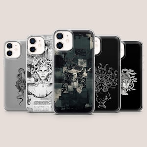 May include: Five smartphone cases featuring Medusa-themed designs. The cases display various artistic interpretations of the mythological figure with snakes for hair, rendered in black, white, and dark grey tones, including text elements.
