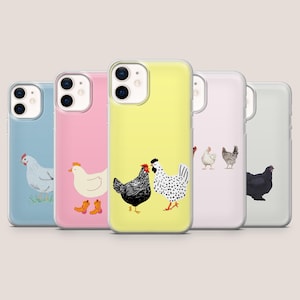 May include: Five phone cases with chicken designs in a row. The cases are in pastel shades of blue, pink, and yellow. Each case has a different chicken illustration, some with pairs of chickens.