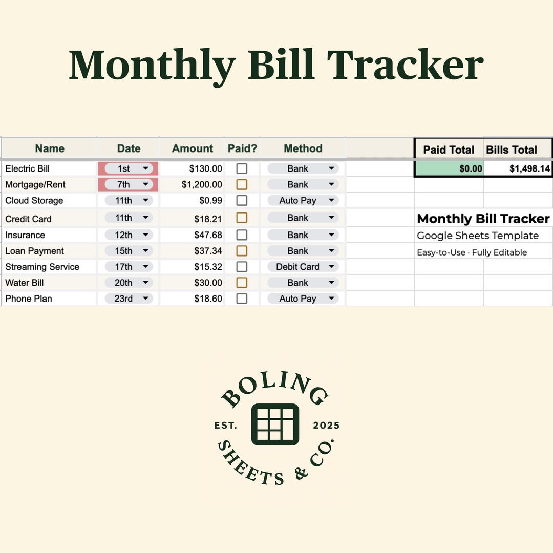 Monthly Bill Tracker Spreadsheet | Google Sheets Budget Template ...