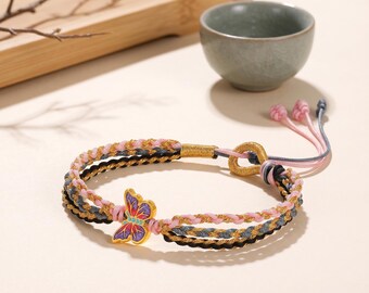 24K 999 Gold Enamel Butterfly Braided String Cord Adjustable Bracelet