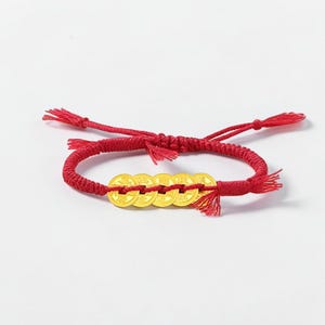 24K 999 Gold Five Emperor Coins Charm with Braided Rope Bracelet