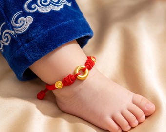 24K 999 Gold Peace and Safety Buckle Charm Adjustable Woven Anklet Baby Shower Kid Birthday Gift