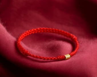 24k Solid Gold Charm Beads Minimalist Minimal Red Braided Cord Bracelet, Anklet
