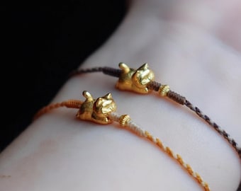 24K Real 999 Gold Cute Kitty Katzenanhänger Hand geflochtenes Seil Armband