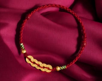 24k Solid 999 Gold Five Emperors Coins Hand Braided Red Rope Men Women Bracelet