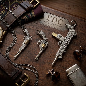 May include: An assortment of silver-toned miniature gun-shaped pendants and a machine gun-shaped keychain, with gold-colored accents, displayed on a wooden surface. The image also includes a watch, leather watch band, cufflinks, and a lighter. The text "EDC COLLECTION" is visible.
