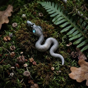 May include: A silver snake pendant with a turquoise gemstone eye, set against green moss. The pendant features detailed scales and a coiled form. The background includes ferns, leaves, and small mushrooms, creating a natural setting.