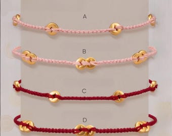 24k Fine 999 Gold Lucky Chinese Coin Red Hand Braided Rope Bracelet