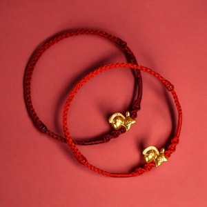 Op de afbeelding: Twee rode gevlochten armbanden met goudkleurige ram-bedels. De armbanden worden op een rode achtergrond getoond. De bedels zijn gedetailleerd met een rammenkop en een ster.