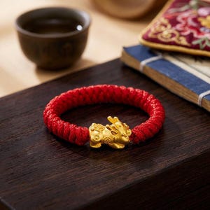 Puede incluir: Una pulsera trenzada roja con un dije de conejo dorado. El dije tiene detalles intrincados y es el punto focal de la pulsera. La pulsera se exhibe sobre una superficie de madera oscura, con una taza de té y otros elementos en el fondo.