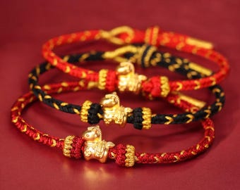 24K Pure Gold Horse Charm Bracelet, Hand-Braided Red Rope, Year of Horse Symbolism