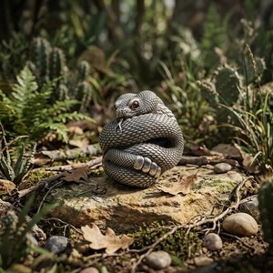 Puede incluir: Una escultura detallada, de color plateado, de una serpiente enrollada con ojos rojos y una lengua bífida. La serpiente descansa sobre una roca, rodeada de follaje. Las escamas de la escultura están detalladas.