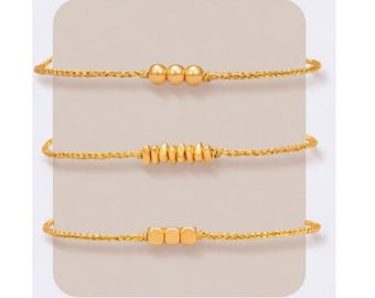 24k Fine 999 Gold Lucky Beads Cube with Hand Braided Golden Rope Bracelet