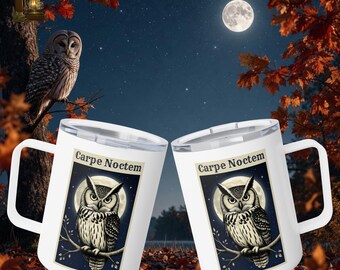 Carpe Noctem Owl Illustration Insulated Coffee Mug 10oz | Night Owl stainless-steel Travel Tumbler Gift