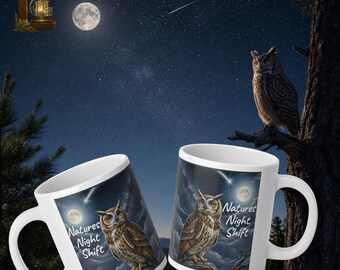 Natures Night Shift Shooting Star Moonlight Owl Mug | Jumbo 20oz Ceramic Coffee Cup