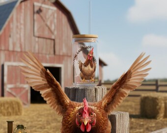 May include: A brown chicken with outstretched wings perches on a wooden fence. A glass tumbler with a bamboo lid and straw features a chicken graphic and the text "NO FOWL LANGUAGE!" in a rural setting with a red barn.