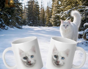 White Cat Blue Eyes Jumbo Mug | Minimalist Cat Face Ceramic Cup (20 oz)
