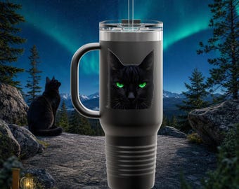 Black Cat Tumbler | Minimalist Gothic Green Eyes Travel Mug 40oz