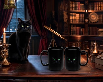 Green-Eyed Black Cat Face Mug 15oz | Black Coffee Cup
