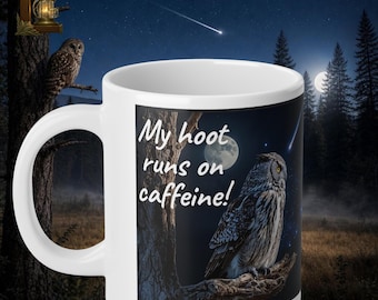 Owl Coffee Mug, Moon Celestial Night Owl Cup, White Ceramic 20oz
