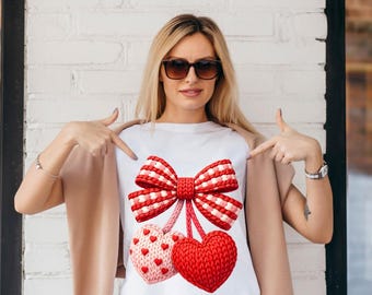Valentine Bow PNG, Knitted Heart PNG, Cute Valentine Clipart, Crochet Love Hearts Design, Romantic Sublimation PNG