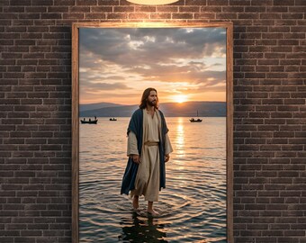 Jezus lopen water zonsondergang muur kunst afdrukbare, decor christelijk geloof (digitale download)