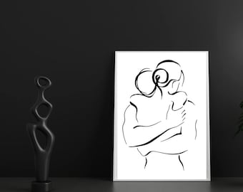 Minimalist Couple Line Art Print, Abstract Hug Drawing (Digital Download)