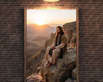 Jezus bidden berg zonsondergang kunst aan de muur, christelijke meditatie print (digitale download)