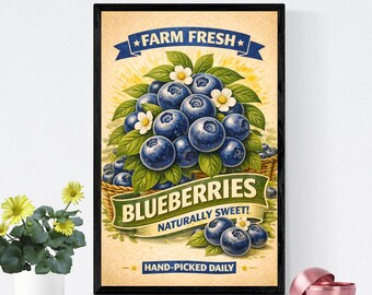 Blueberries Wall Art Printable, Farm Fresh Fruit Poster, Vintage Kitchen Decor, Retro Produce Illustration, Farmhouse Wall Art