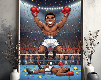Muhammad Ali Wall Art, Legendary Knockout Celebration Illustration, Sports Poster, Digital Download