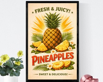 Vintage Pineapple Kitchen Print, Tropical Fruit Poster (Digital Download)