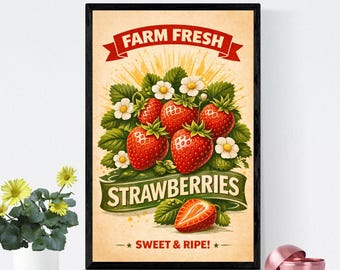 Strawberries Wall Art Printable, Farm Fresh Fruit Poster, Vintage Kitchen Decor, Retro Strawberry Illustration, Farmhouse Wall Art