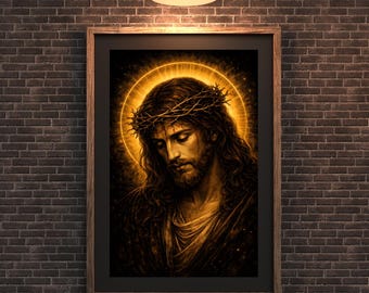 Jesus Christ Crown of Thorns Art, Sacred Gold Christian Print (Digital Download)