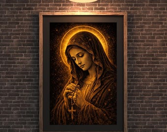 Virgin Mary Praying Wall Art, Madonna with Rosary Gold Sacred Artwork, Catholic Religious Printable, Black and Gold Faith( Digital Download)