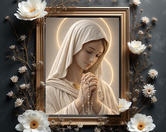 Virgin Mary Rosary Art, Catholic Portrait, Religious Decor (Digital Download)