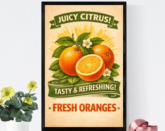 Fresh Oranges Wall Art Printable, Juicy Citrus Poster, Vintage Kitchen Decor, Retro Fruit Illustration, Farmhouse Wall Art
