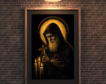 Saint Charbel Wall Art, Gold Sacred Religious Artwork, Monastic Faith Printable, Black and Gold Christian (Digital Download)