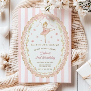 Può includere: Un biglietto d'invito a righe rosa e bianche con un'illustrazione di ballerina. La carta presenta il testo "dance & twirl with the birthday girl!" e "Celine's 3rd Birthday". L'invito include i dettagli dell'evento e le informazioni RSVP.