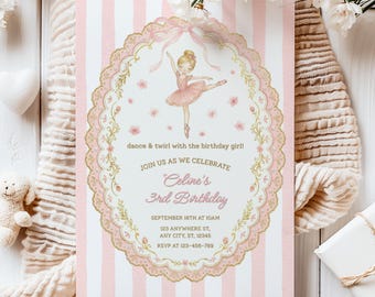 Ballerina Birthday Invitation, Editable Ballerina Invite, 3rd Birthday Ballerina Dance Party, Vintage Coquette, Pink Bow, Digital Download