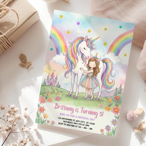 May include: A whimsical invitation card featuring a unicorn and a girl in a rainbow dress. The card has a pastel background with rainbows, stars, and a castle. Text reads "Brittany is Turning 5!" with event details.