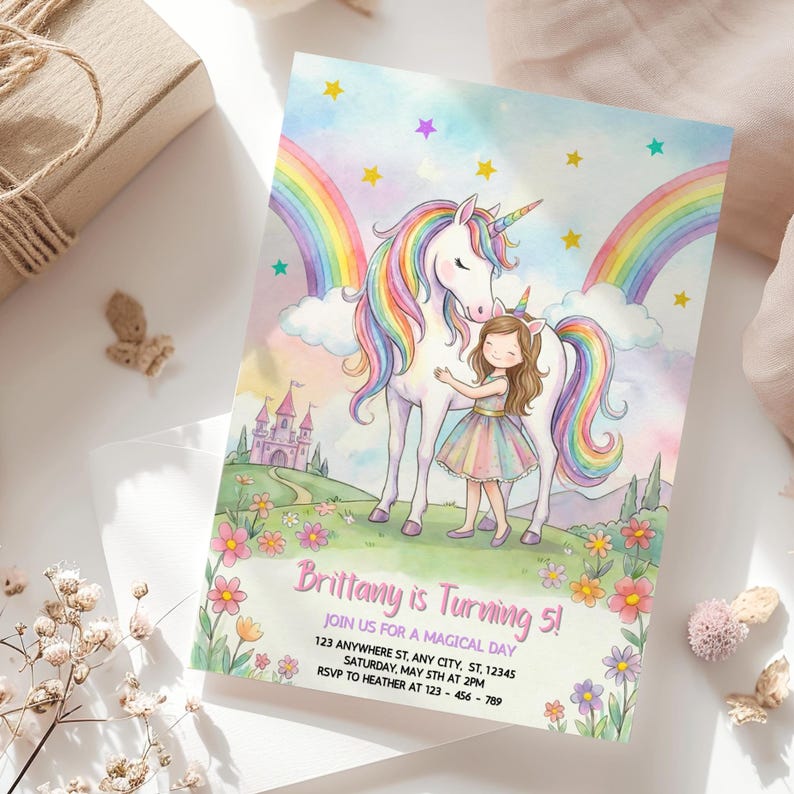 May include: A whimsical invitation card featuring a unicorn and a girl in a rainbow dress. The card has a pastel background with rainbows, stars, and a castle. Text reads "Brittany is Turning 5!" with event details.