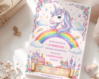 Editable Unicorn Rainbow Birthday Invitation, Magical 3rd Rainbow Party Invite, Sparkles Pink, Digital Download
