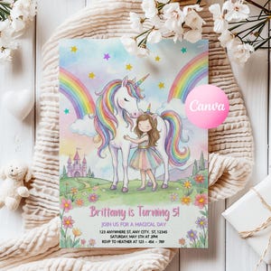 May include: A whimsical birthday invitation featuring a unicorn and a girl hugging. The design includes a rainbow, castle, and flowers. Text reads "Brittany is Turning 5!" with event details. The invitation is set against a soft, pastel background.