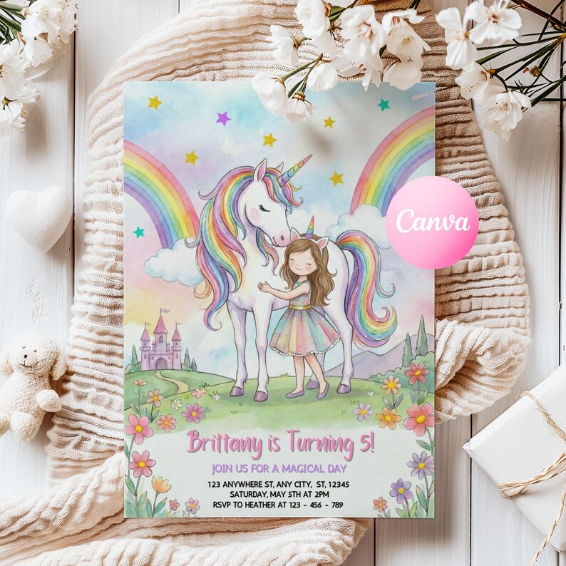 May include: A whimsical birthday invitation featuring a unicorn and a girl hugging. The design includes a rainbow, castle, and flowers. Text reads "Brittany is Turning 5!" with event details. The invitation is set against a soft, pastel background.