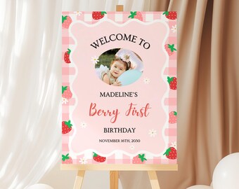 Berry First Birthday Welcome Sign with Photo, Editable Berry 1st Birthday Girl Sign, Printable Strawberry Birthday Poster, Digital Download
