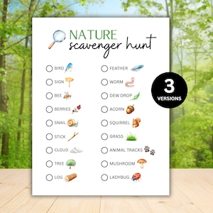 May include: A white nature scavenger hunt checklist with illustrations of a bird, worm, and other items. The text "Nature Scavenger Hunt" is at the top. A black circle with the number "3" and the word "versions" is on the right.