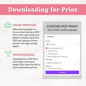 May include: A graphic with instructions for downloading a PDF for printing. The text includes options for home and professional printing, with details on crop marks and bleed. The image has a pink header and a purple download button.